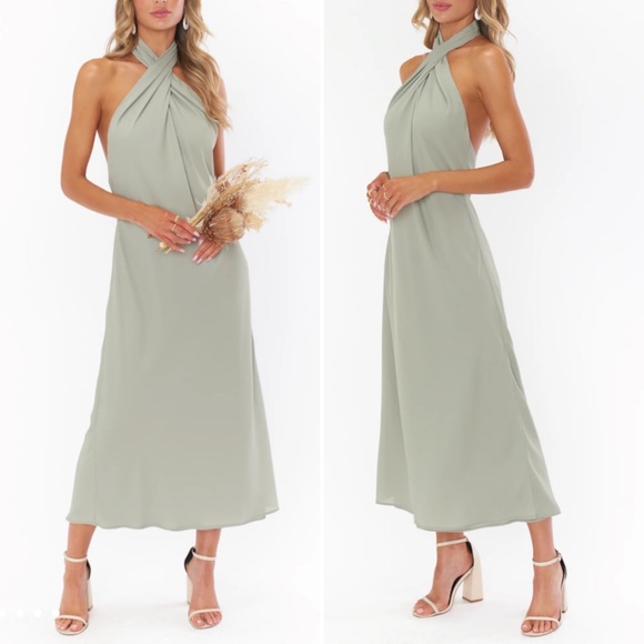 NEW Show Me Your Mumu Jasmine Halter Midi Bridesmaid Dress in Moss Green Crisp - Picture 3 of 10